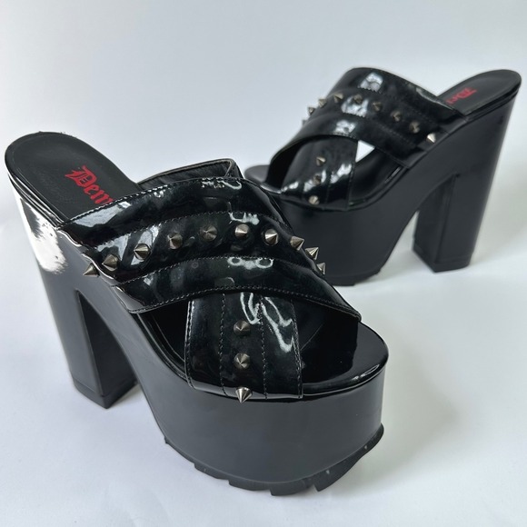 Demonia Shoes - Demonia Black Patent Studded Platform Mules Slides Chunky Heel Women's Size 7